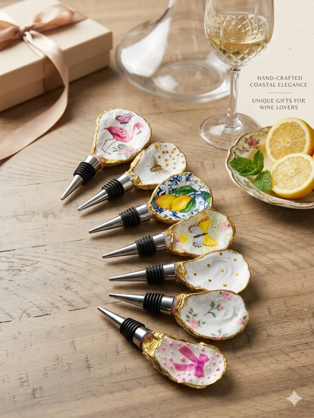 Hand-Painted Butterfly Oyster Wine Bottle Stopper – Yellow Accent